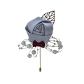 Detail of grey silk wedding boutonniere with burgundy bow and white pearl accents - Light Gray