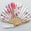 Close-up of Japanese silk folding fan with pink floral peony patterns and bamboo ribs - No. 2 White