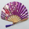 Detail of a purple Japanese silk folding fan with floral patterns and bamboo ribs - No. 12 Purple