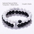 Set bracciale per coppia in perle di howlite naturale e pietra nera opaca da 8 mm - Pietra Opaca e Turchese Bianco (Set di Coppia/2Pcs)