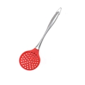 Red silicone slotted spoon with stainless steel hollow handle and hanging loop design - Red Skimmer
