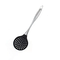 Black silicone slotted spoon with stainless steel hollow handle and hanging loop design - Black Skimmer