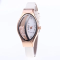 Women's rose gold leaf watch with floating crystals and white leather strap - White