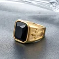 Men's gold plated titanium steel signet ring featuring black gemstone and cross relief - Gold Black Stone