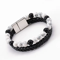 Detail of double-layer lava stone bead bracelet with woven leather and magnetic clasp - White Turquoise and Matte Stone