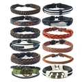 Set di 12 bracciali vintage in pelle intrecciata con vari ciondoli in metallo e cordini - Set da 12