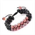 Double-layer natural stone bead bracelet with matte black and cracked agate adjustable cord - Matte Black with Orange Red Crackle Agate