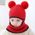 Red kids hooded knit hat with two fluffy pom-poms and integrated scarf design - Pom Pom / Red