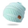 Mint green knit beanie with C.C leather patch and thick ribbed texture on white background - Light Blue