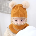 Ginger yellow kids knitted hooded scarf hat with white trim and fuzzy pom poms - Pom Pom / Yellow