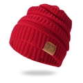 Detail of red chunky knit beanie featuring textured ribbing and brown C.C suede patch - With Label / Red