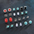 15 pairs of vintage bohemian stud earrings with turquoise and silver floral accents - Vintage Ethnic Style 15 Pairs Set (E0245-1)