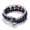 Pulsera multicapa de piedra de lava con ojo de tigre y dije de Om sobre fondo blanco - Piedra de Lava y Ojo de Tigre con Om (Estilo 7)