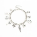 Bracelet à breloques argenté avec pendentifs étoile, cœur et clé sur chaîne cubaine - Bracelet Chaîne Cubaine avec 10 Pendentifs (10486) / Argent