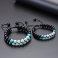 Detail of hand-woven adjustable double-layer bracelets with matte black and Amazonite beads - Couple Set