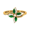 Golden flower ring with green enamel and sparkling zircon stones on white background - US 7 / Green