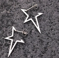 Modern silver four-point star earrings with hollow geometric design on black background - Steel