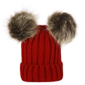 Winter knitted baby hat in red featuring two large brown faux fur pom poms for toddlers - S / Burgundy