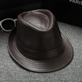 Dark brown leather jazz hat with classic fedora crown and smooth PU finish for men and women - Around 58cm / [Leather] Dark Coffee
