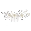 Pettine per capelli da sposa argento con foglie bianche, perle e cristalli per nozze - Pettine per Capelli Singolo / Argento