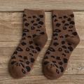 Thickened leopard print cotton socks in dark coffee brown with ribbed cuffs for women - One Size / Dark Coffee