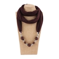 Detailed view of deep brown scarf necklace with large wooden beads on a linen mannequin - 180x40cm / Brown
