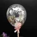Transparent 5-inch cake topper balloon with silver sequins and a pink bow decoration - Round / Silver Sequin