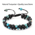 Double-layered woven bracelet featuring natural turquoise and porous black lava stone beads - 6MM Women's Style (Natural Turquoise)