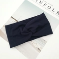 Dark blue ribbed knit headband with stylish twist knot cross design for sports and yoga - Navy Blue (B15-11)