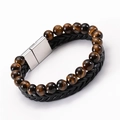 Men's double-row bracelet with tiger eye stones and black braided leather with magnetic clasp - Tiger Eye Leather Bracelet