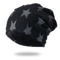 Winter knit beanie hat for men and women with star pattern and warm fleece lining - One Size / Black