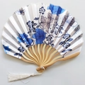 Japanese style white silk folding fan with blue floral patterns and white tassel - No. 15 Porcelain Blue