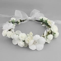 Elegant white floral wreath headband with roses and sheer ribbon for wedding bridal hairstyle - White HS-J4431W