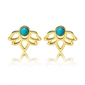 Golden hollow lotus earrings set with turquoise stones shown in a symmetric reflection - Gold A1118-11