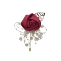 Detailed close-up of burgundy artificial rose boutonniere with gold leaves and pearls - Burgundy