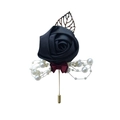 Detail of black silk rose boutonniere with burgundy ribbon and gold leaf decoration - Black