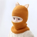 Ginger yellow children's knitted balaclava with cute cat ears and fleece lining for winter - Cat Ear / Ginger Yellow