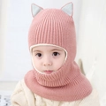 Rosa Kinder-Strickmütze mit Katzenohren und integriertem Nackenwärmer für den Winter - Katzenohr / Dunkelrosa