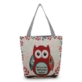 Ethnic owl jacquard canvas tote bag with striped straps in large capacity size - Beige Owl