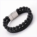 Mens double-row bracelet with lava stone, braided leather and silver magnetic clasp - A-Grade Lava Stone