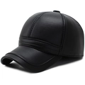 Gorra de béisbol clásica de cuero PU negro texturizado con orejeras de protección - 56-60cm (Ajustable) / Negro