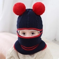 Navy blue kids balaclava hat with red stripes and double pom-poms for winter warmth - Pom Pom / Navy Blue