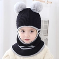 Kids black knit balaclava hat with gray stripes and two large faux fur pom-poms - Pom Pom / Black