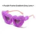 Heart-shaped plush sunglasses featuring purple faux fur frames and gradient grey lenses - Purple Gradient Frame Gray