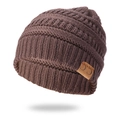 Chunky knit C.C beanies in cocoa brown with cable pattern and faux leather patch - Coffee