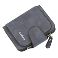 Portafoglio corto da donna in pelle PU grigio-blu con bottone e logo argento - Blu scuro