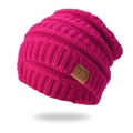 Hot pink chunky knit beanie hat with C.C faux leather tag on a clean white background - With Label / Rose Red