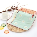 Set of 6-layer cotton hand towels with green daisy print and red wave stitched edges - Green Small Flower