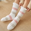 Pink and grey striped coral fleece floor socks with cute wavy cuffs for women - Pink & Coffee Striped