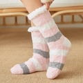 Pink and grey striped coral fleece floor socks for women in cozy home setting - Pink & Grey Striped